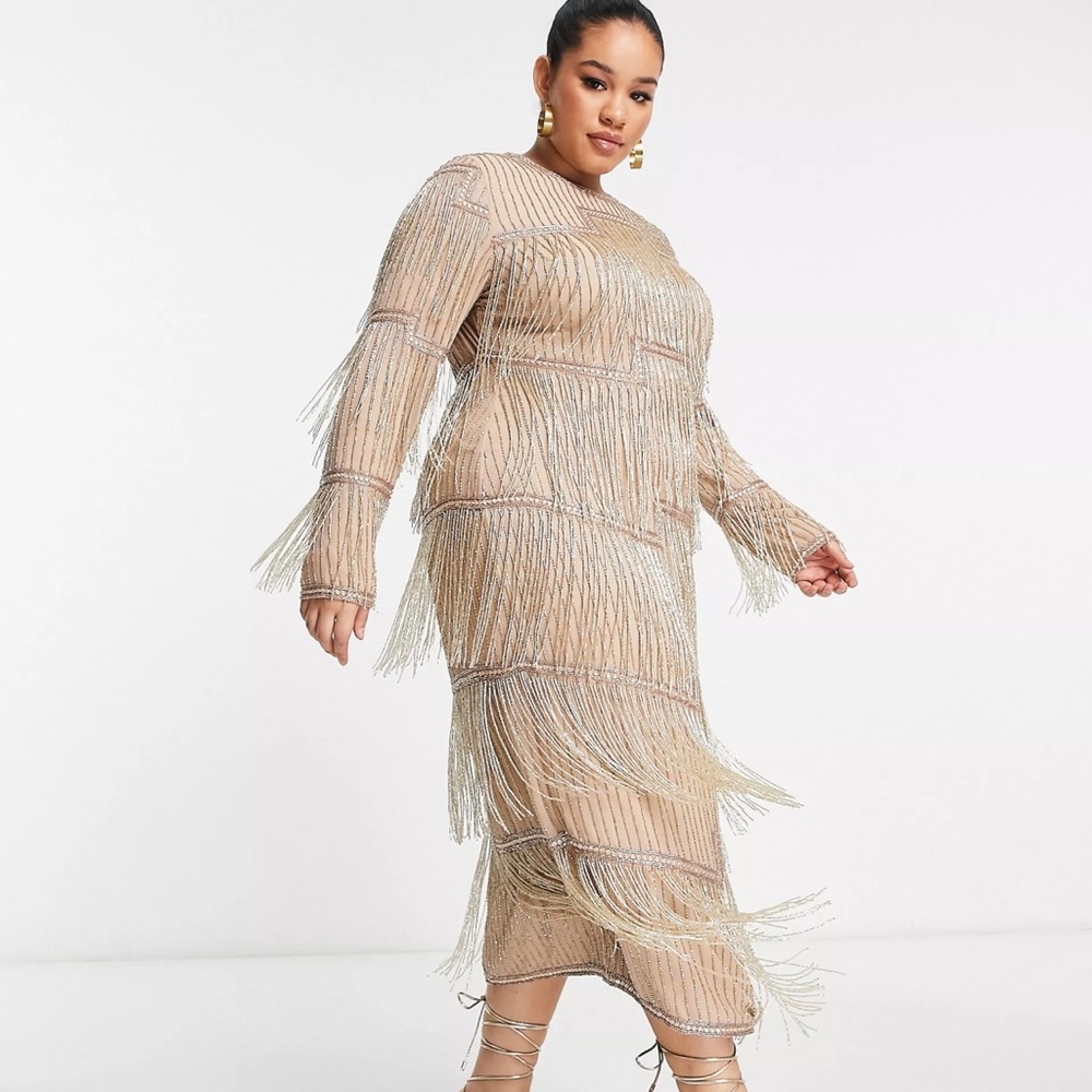 ASOS DESIGN Curve all over embellished panelled fringe midi in beige